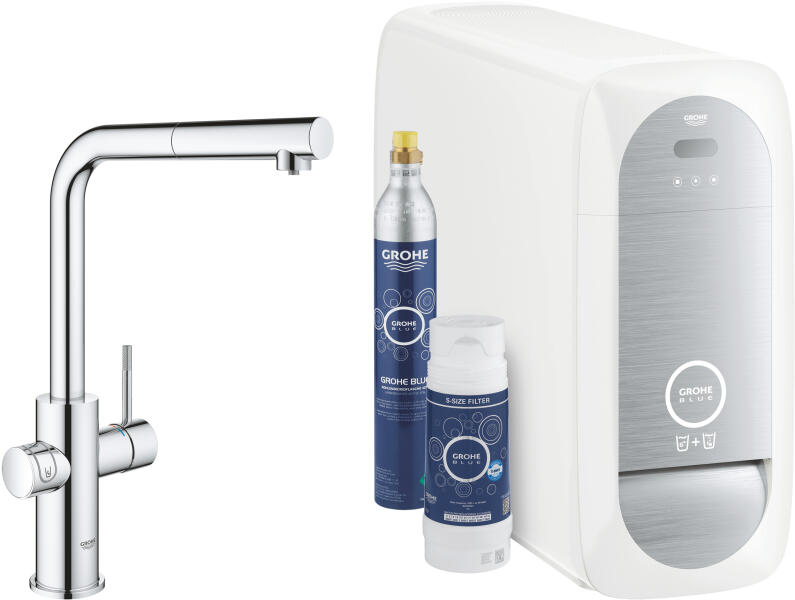 GROHE Blue Home vízszűrő rendszer kihúzható zuhanyfejjel, beépített hűtéssel és szénsavadagolással