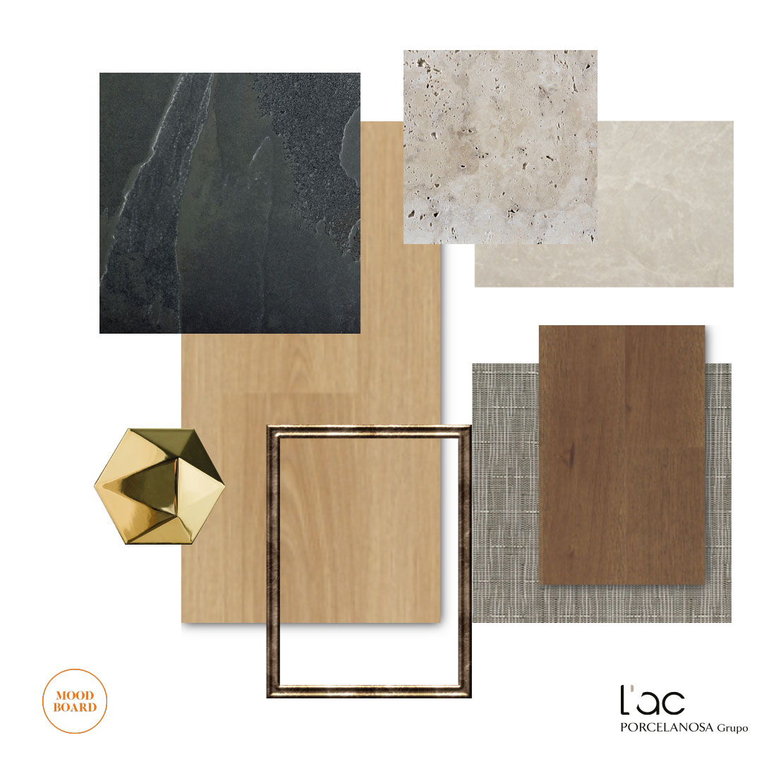 Porcelanosa Grupo / Moodboard  - Elegáns, nemes anyagok, a természet textúrái, és a fém megcsillanása hoz ünnepélyes hangulatot, meghitt belső élményt számunkra. 