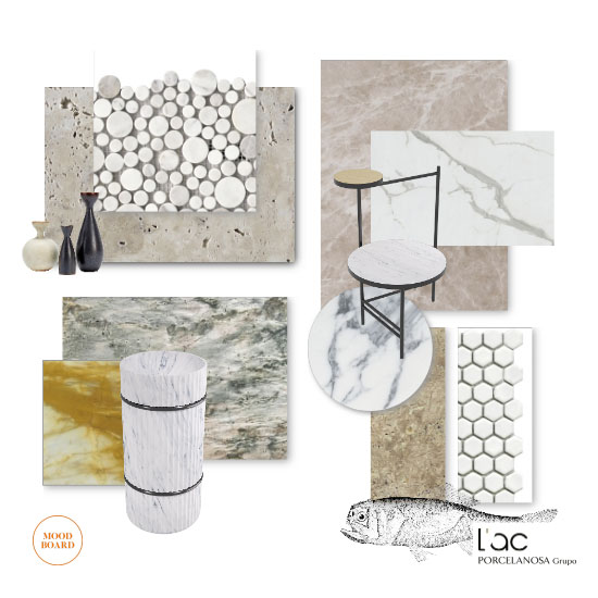 Porcelanosa / Mediterrana / Moodboard - A hófehér háttéren finom, sejtelmes vonalrajzokkal ékeskedő márvány- és kőminta, illetve a fa finom textúráit tökéletesen megjelenítő burkolatok nem véletlenül hoznak átütő sikert, népszerűséget napjainkban. 